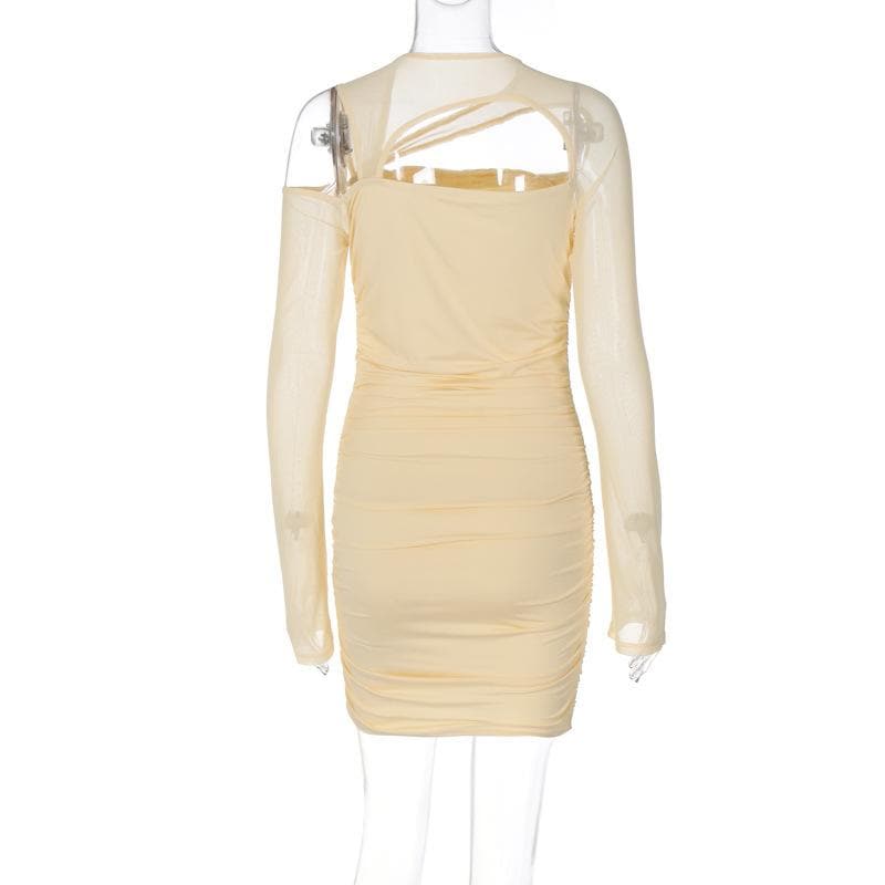 Ruched irregular mesh hollow out long sleeve mini dress - View 3