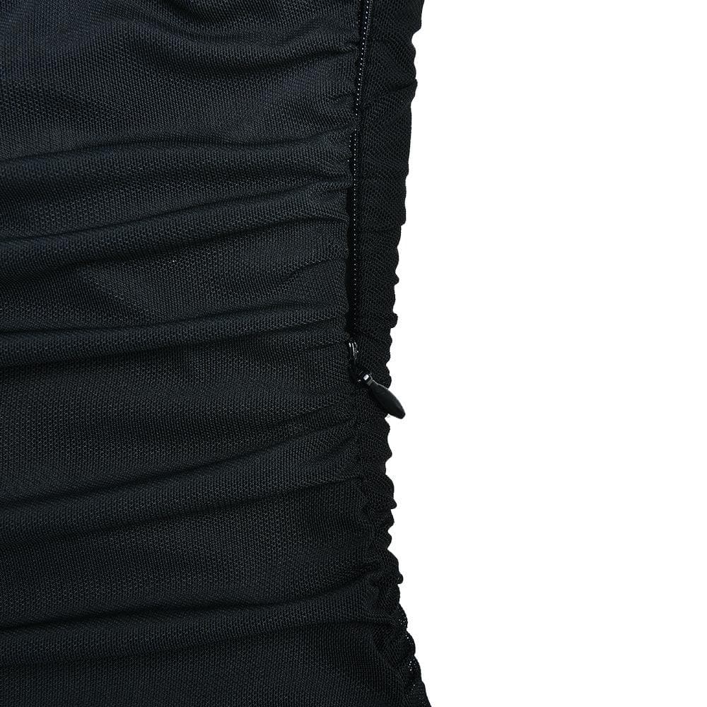 Solid one shoulder mesh patchwork ruffle ruched zip-up mini dress - View 6