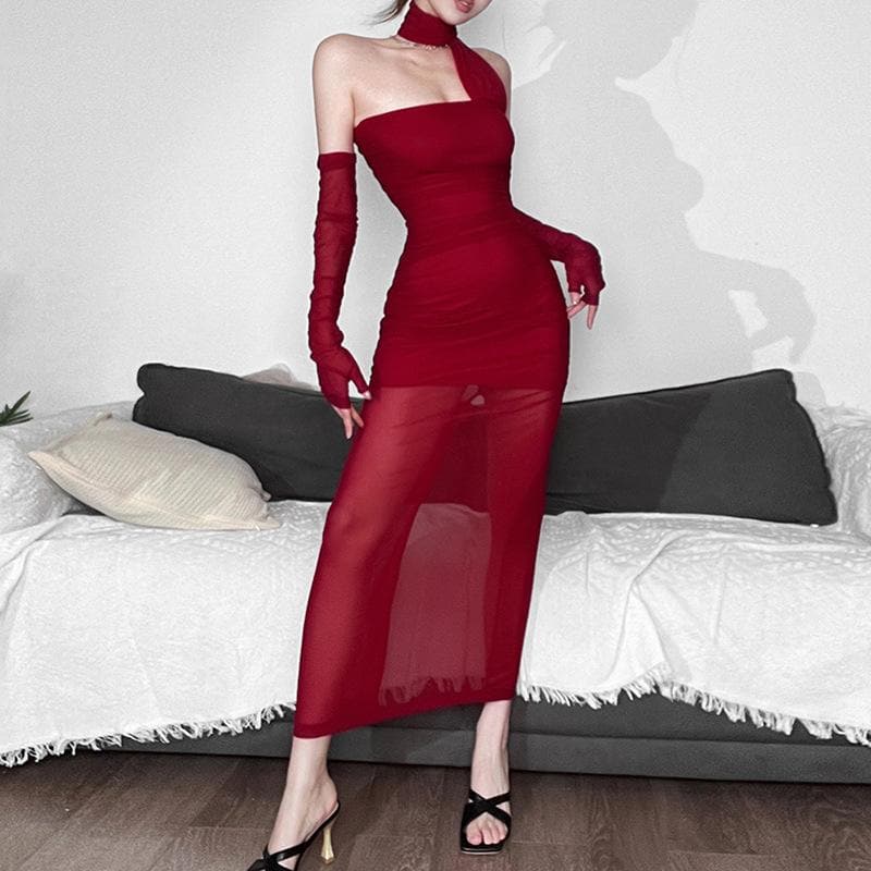 Mesh gloves ruched halter solid slit backless maxi dress - View 3