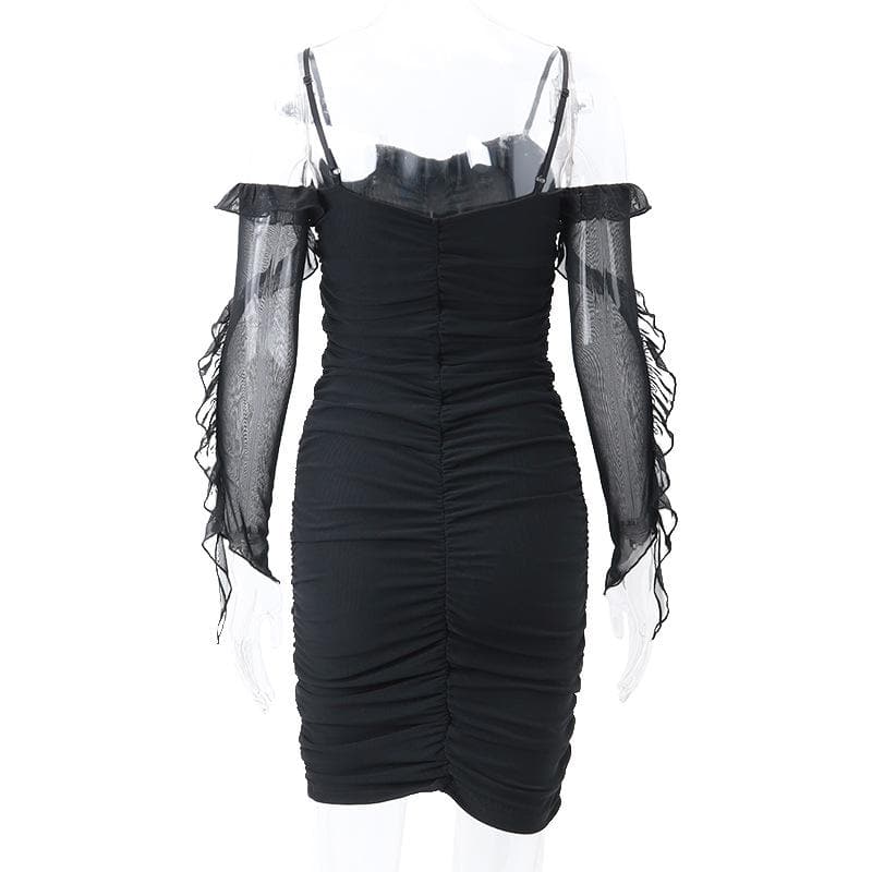 Solid ruched backless ruffle mesh mini dress - View 6