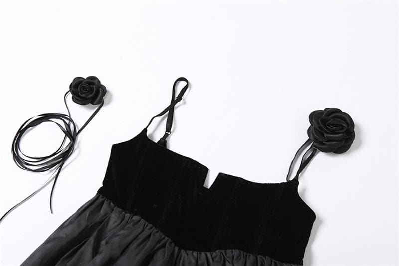 Velvet Notch Neck Spaghetti Strap Flower Applique Bubble Mini Dress - View 4