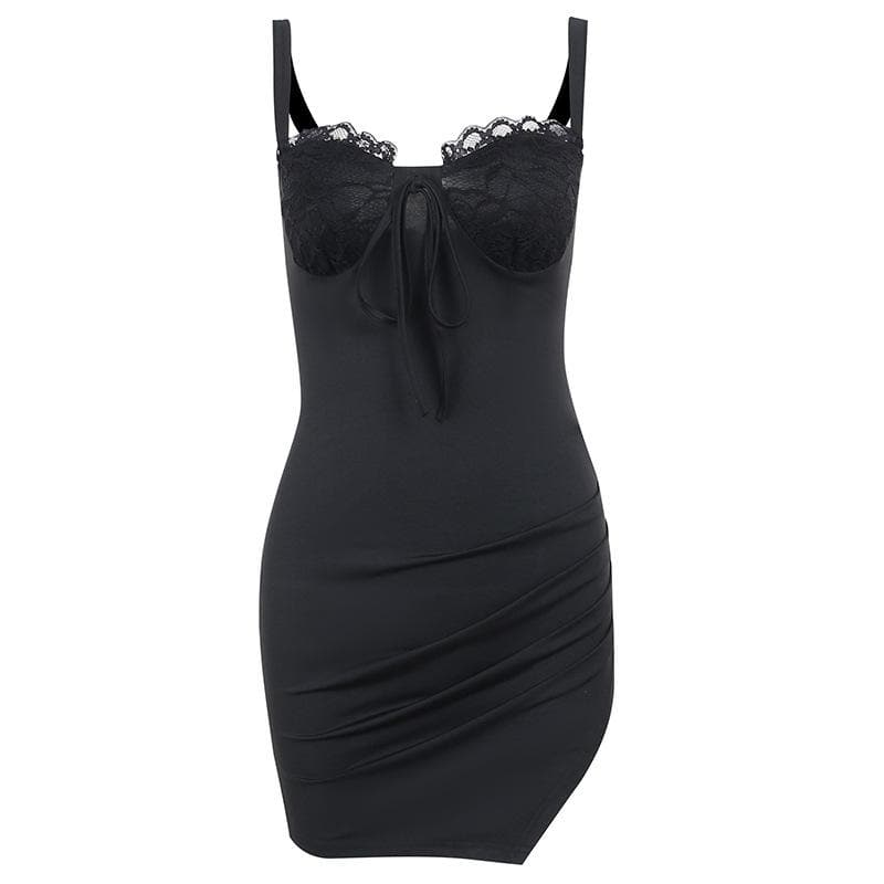 Ruched solid sleeveless lace slit self tie backless mini dress - View 2