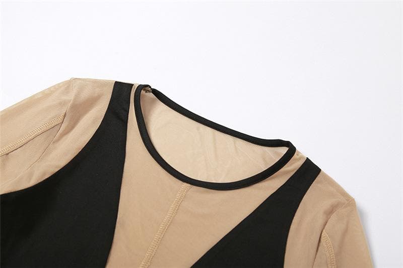 Long sleeve round neck contrast mesh patchwork mini dress - View 5