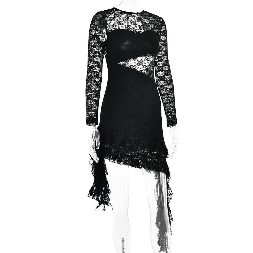 Lace backless solid ruffle long sleeve irregular mini dress - View 4