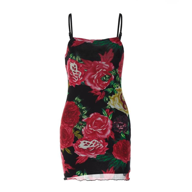 Rose Floral Print Square Neck Spaghetti Strap Bodycon Mini Dress - View 10