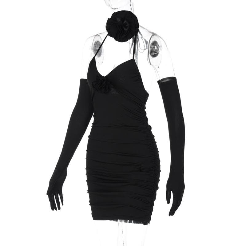 3D Flower Halter Neck Ruched Bodycon Mini Dress - View 3