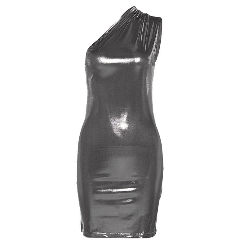 Metallic solid one shoulder ruched irregular mini dress - View 4