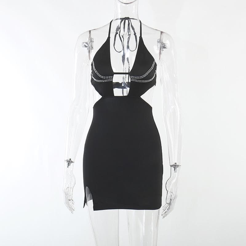 Beaded Halter Neck Cut Out High Split Bodycon Mini Dress - View 9