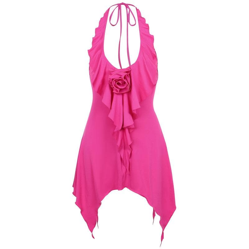 Halter Neck Flower Applique Ruffle Handkerchief Hem Mini Dress - View 2