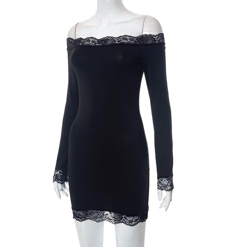 Lace hem solid off shoulder long sleeve mini dress - View 3