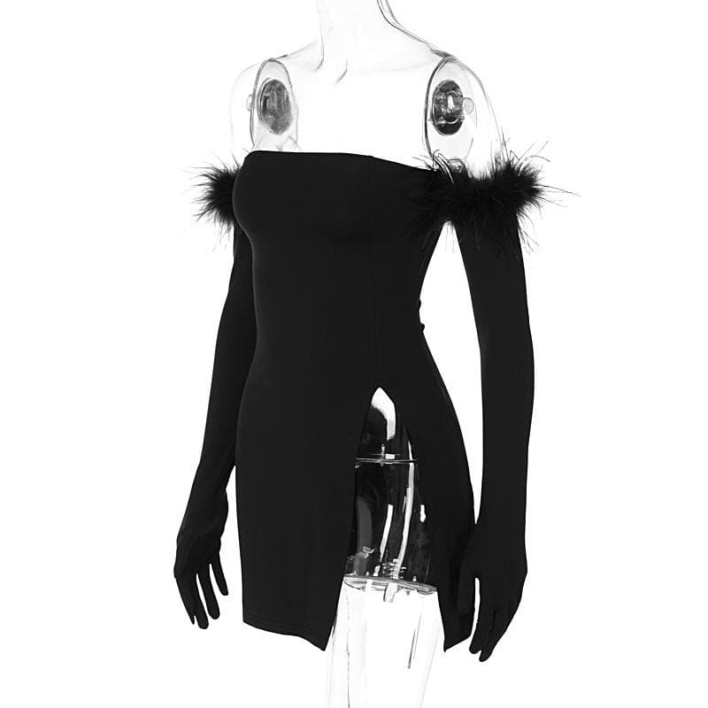 Feather solid slit backless gloves tube mini dress - View 4