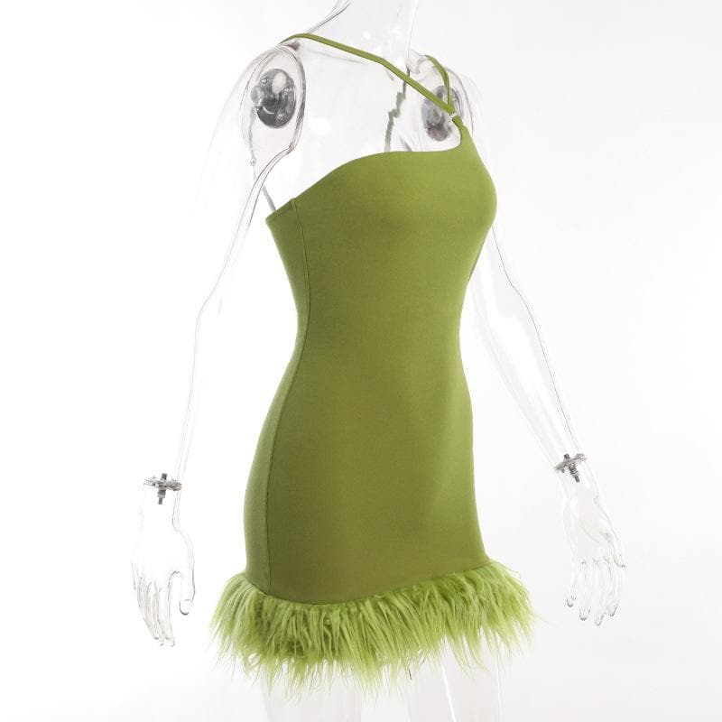 Solid irregular feather patchwork backless mini dress - View 3
