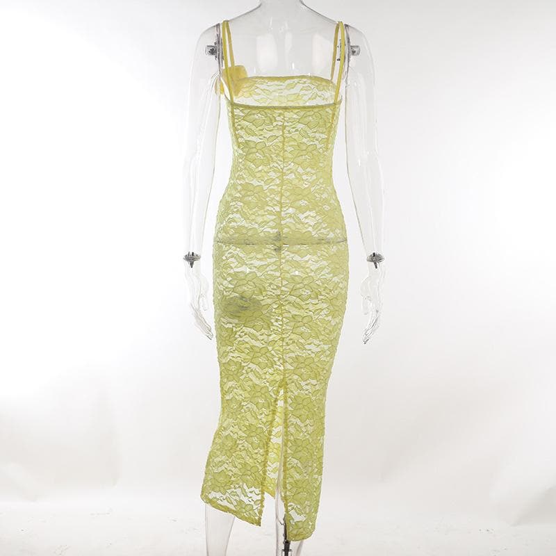 Lace Square Neck Spaghetti Strap Side Slit Bodycon Maxi Dress - View 3