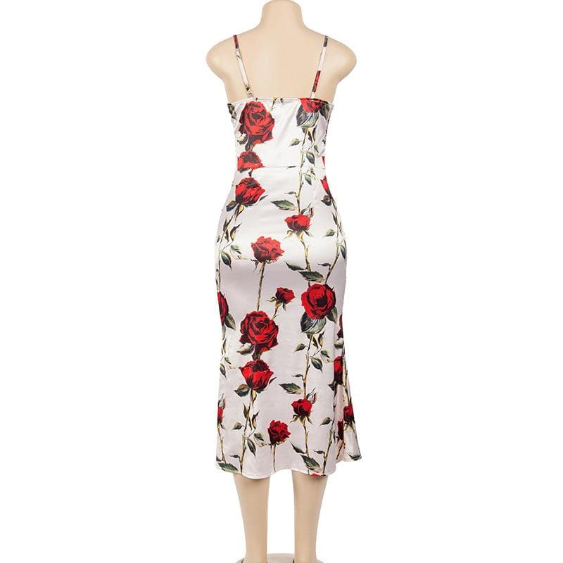 Satin Floral Print Cowl Neck Spaghetti Strap Slip Midi Dress - View 3