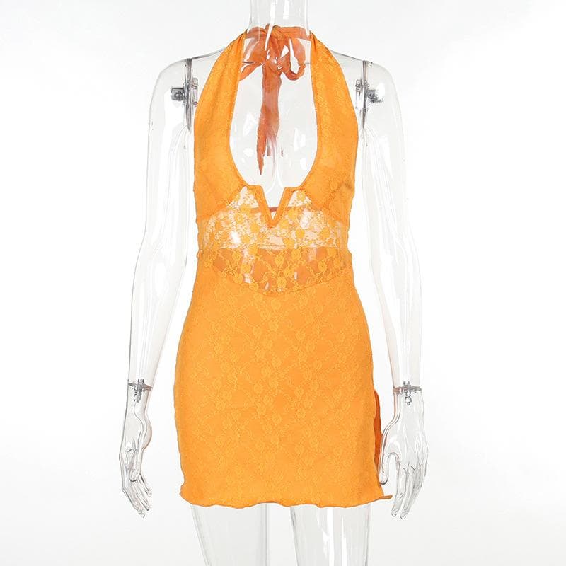 Lace Halter Deep V-Neck High Split Mini Dress - View 4