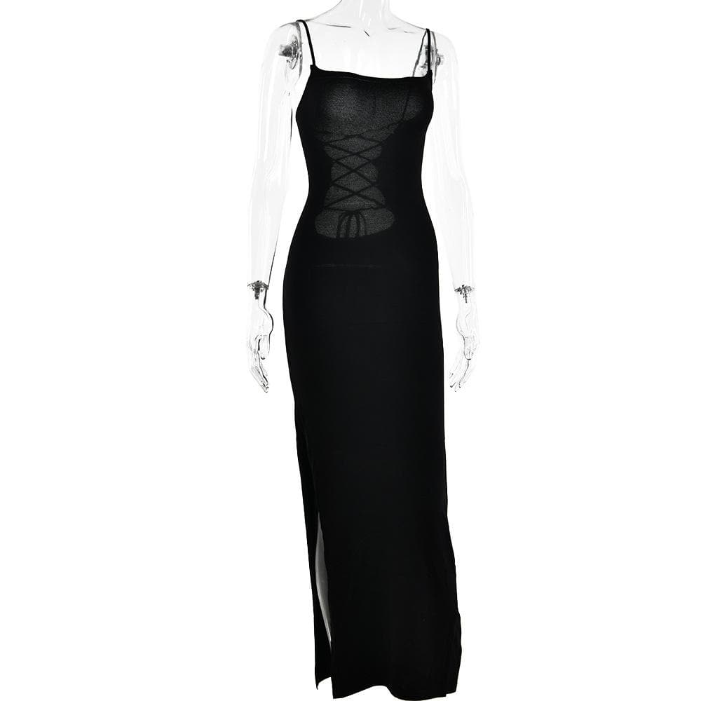 Lace up square neck slit solid backless cami maxi dress - View 3