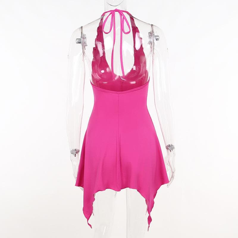 Halter Neck Flower Applique Ruffle Handkerchief Hem Mini Dress - View 6