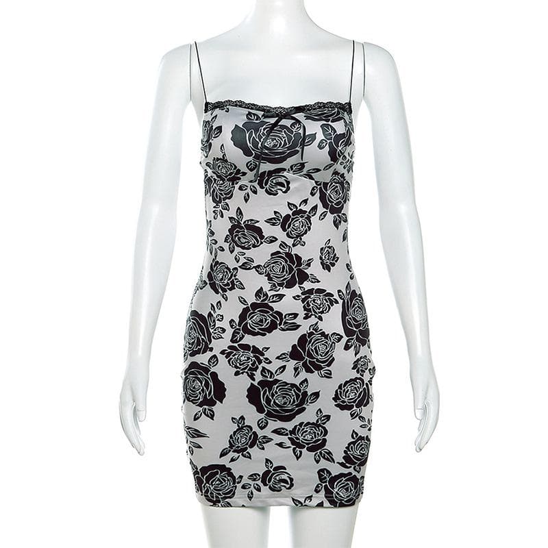 Rose print lace hem contrast spaghetti strap mini dress - View 3