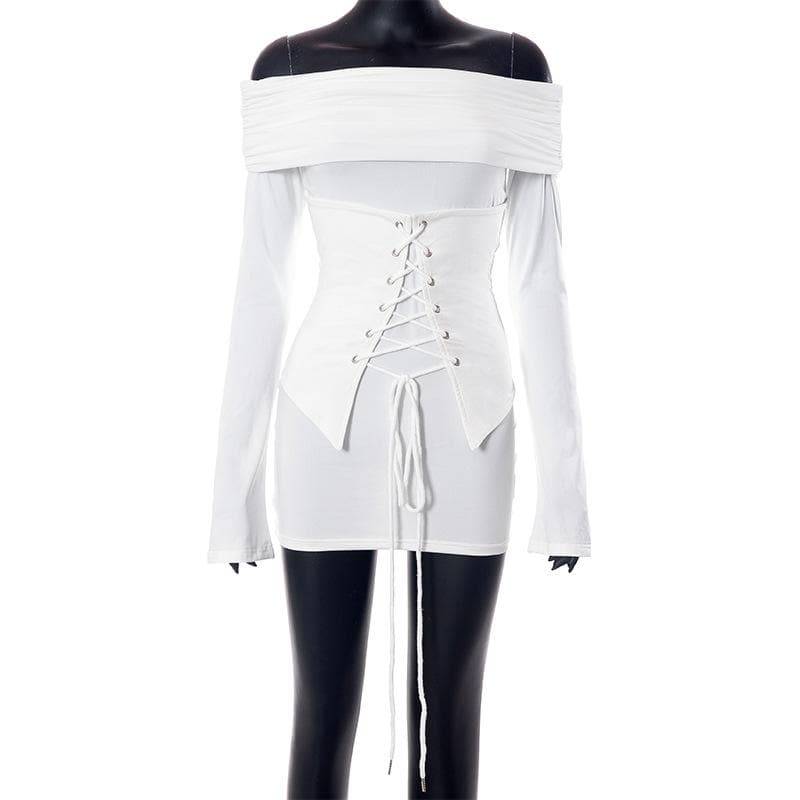 Lace up long sleeve off shoulder ruched solid mini dress - View 8
