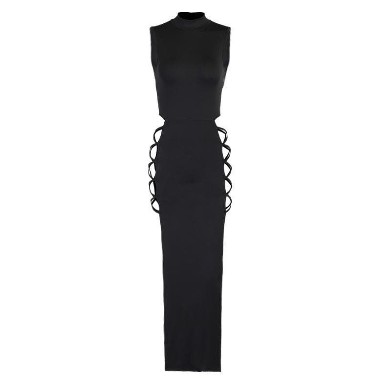 Lace Up Cut Out Mock Neck High Split Bodycon Maxi Dress - View 2
