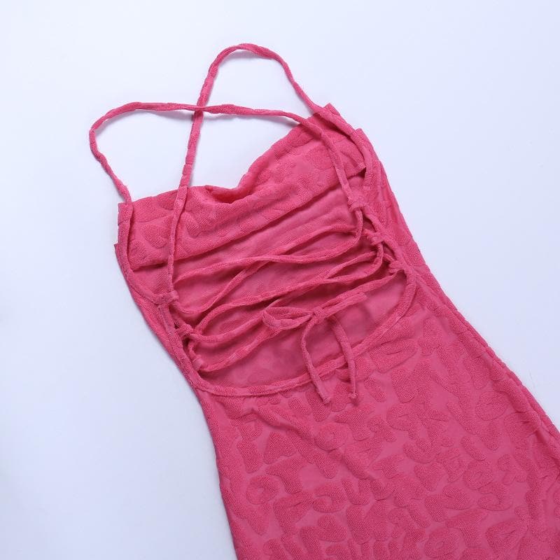 Cross back solid lace up backless textured mini dress - View 5