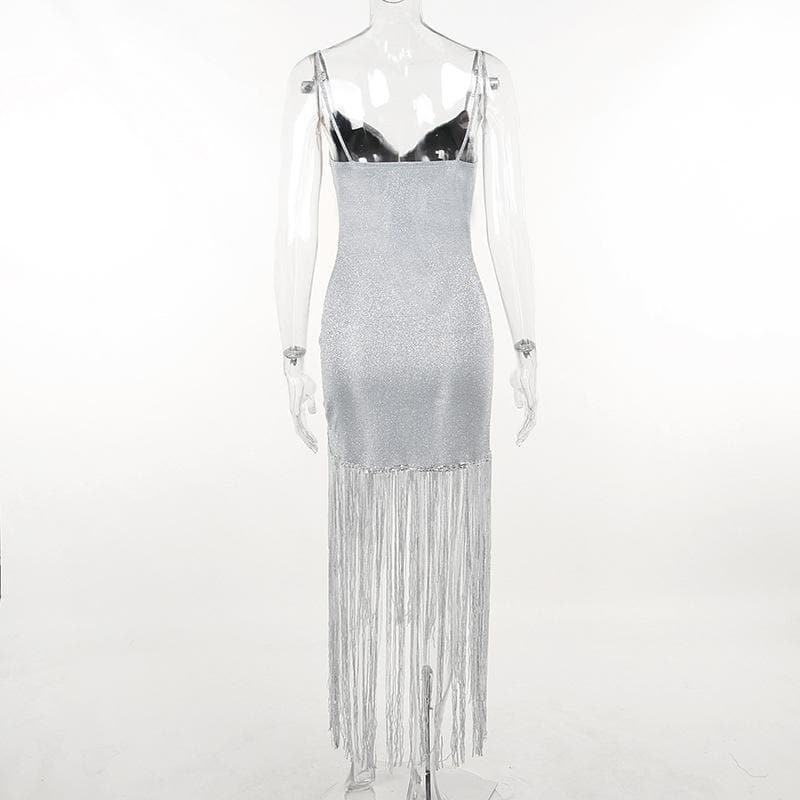 Solid ruched textured glitter tassels backless mini dress - View 3