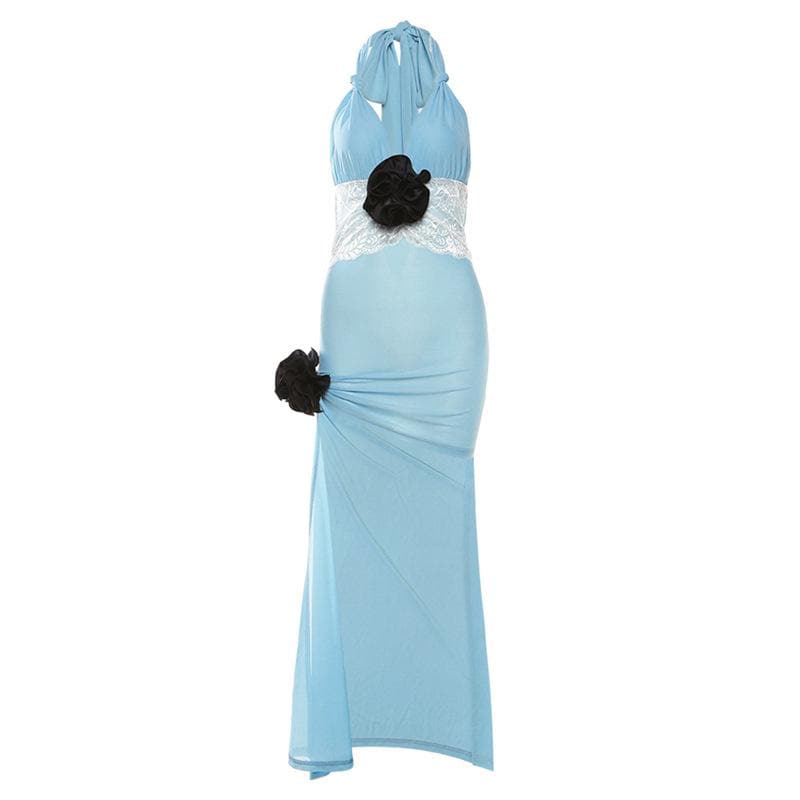 Halter Deep V-Neck Flower Applique Backless High Low Maxi Dress - View 3