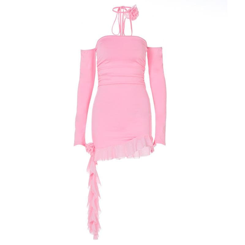 Off Shoulder Long Sleeve Ruched Ruffle Hem Bodycon Mini Dress
