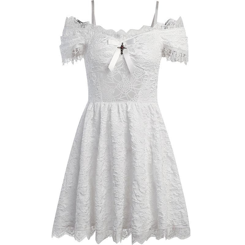 Hollow out off shoulder short sleeve cross applique mini dress