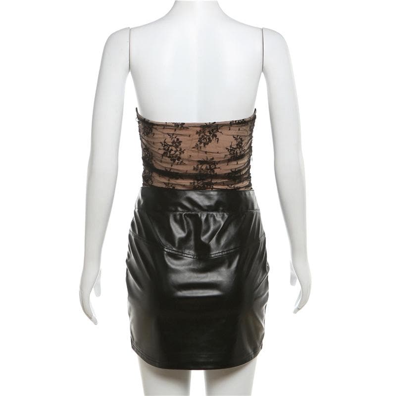 PU leather sweetheart neck patchwork zip-up lace tube mini dress - View 3