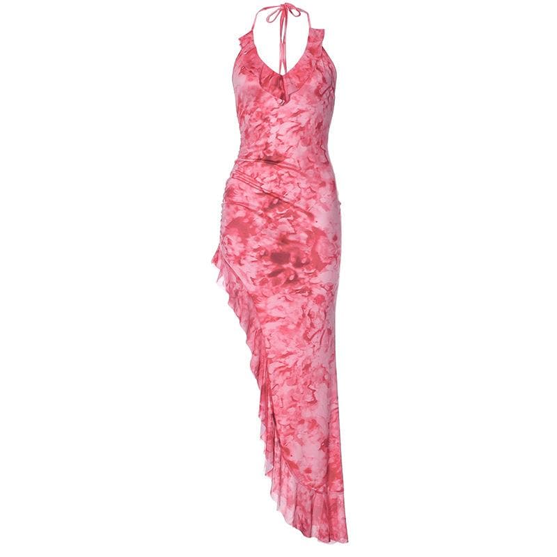 Mesh tie dye irregular contrast halter backless ruched maxi dress - View 2