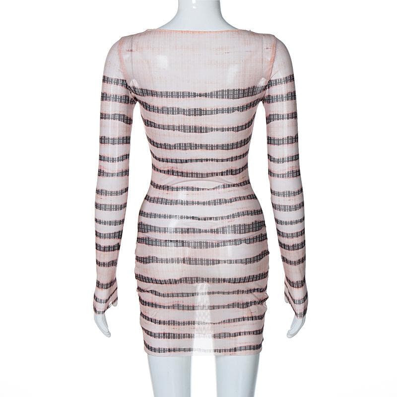 Long sleeve striped print sheer mesh crewneck ruffle mini dress - View 3