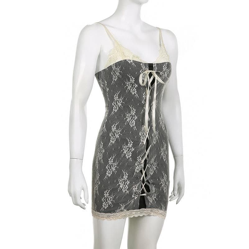 Lace contrast lace up v neck backless 2 piece cami dress - View 4