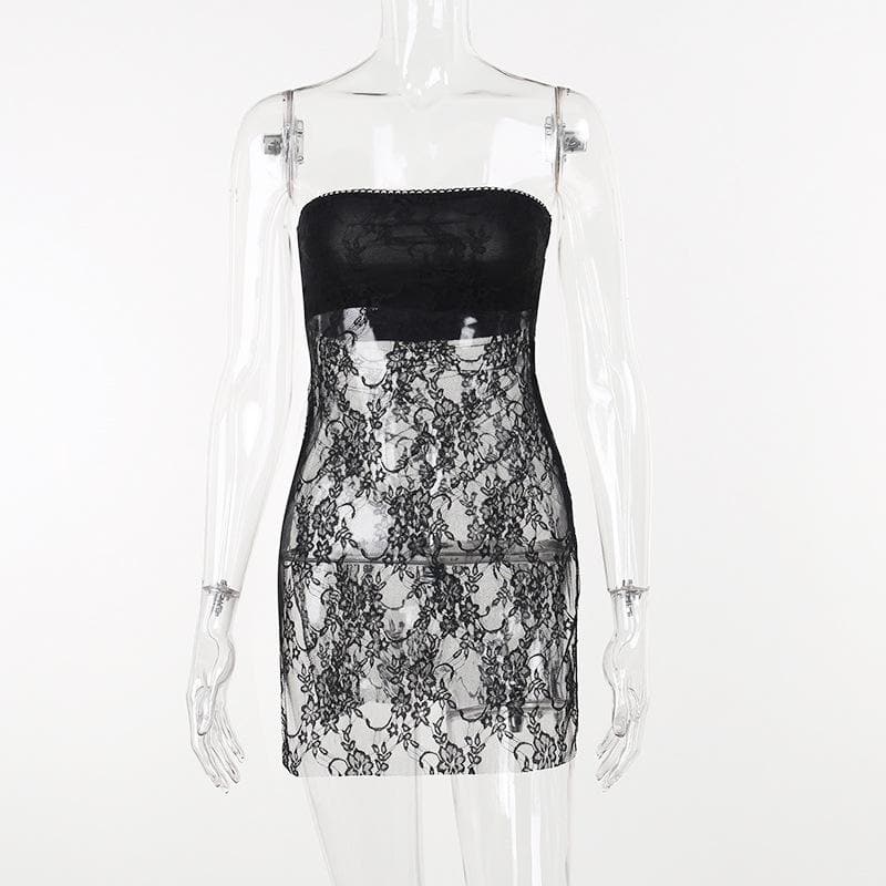 Lace see through solid slit backless tube dress - Final Sale - View 8
