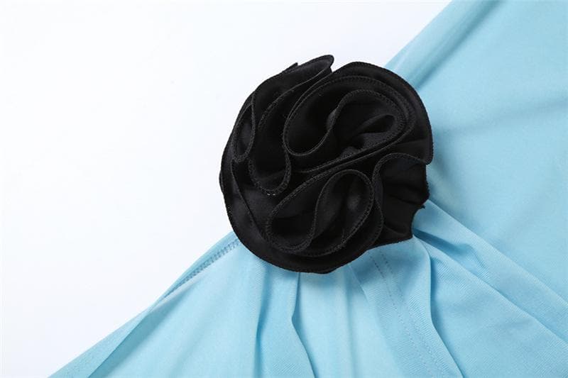 Halter Deep V-Neck Flower Applique Backless High Low Maxi Dress - View 6