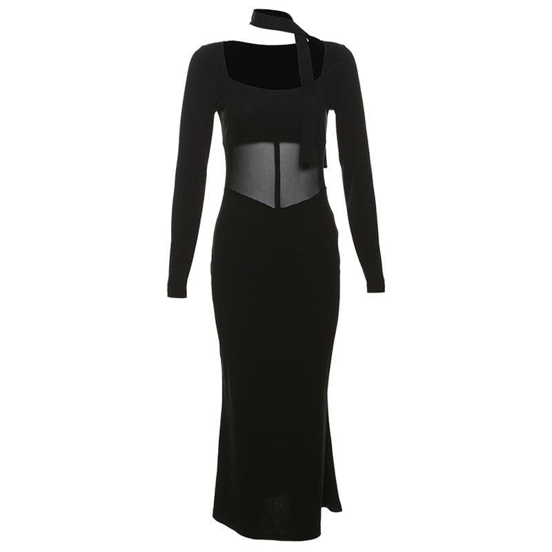 Mesh patchwork solid long sleeve square neck midi dress - View 4
