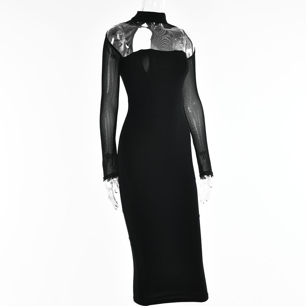 Sheer Mesh Long Sleeve Choker Strapless Bodycon Midi Dress - View 4