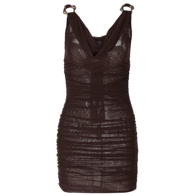 Cowl neck ruched o ring sheer mesh bowknot ribbon mini dress