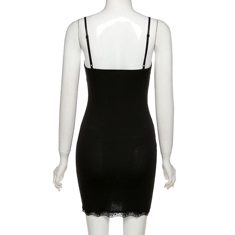 Lace hem solid v neck backless cami mini dress - View 4