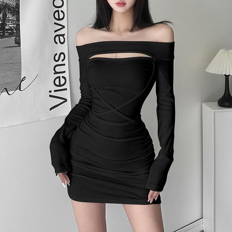 Lace up solid hollow out off shoulder long sleeve mini dress - View 3