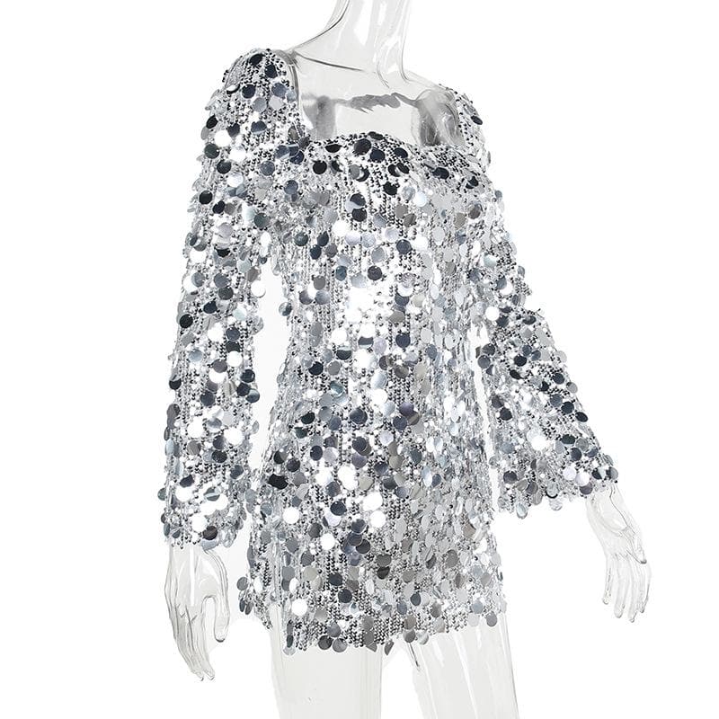 Glitter self tie long sleeve slit backless mini dress - View 3