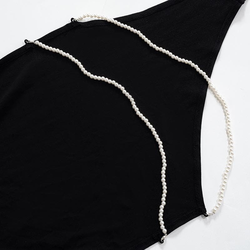 One shoulder backless slit solid halter beaded maxi dress - View 5