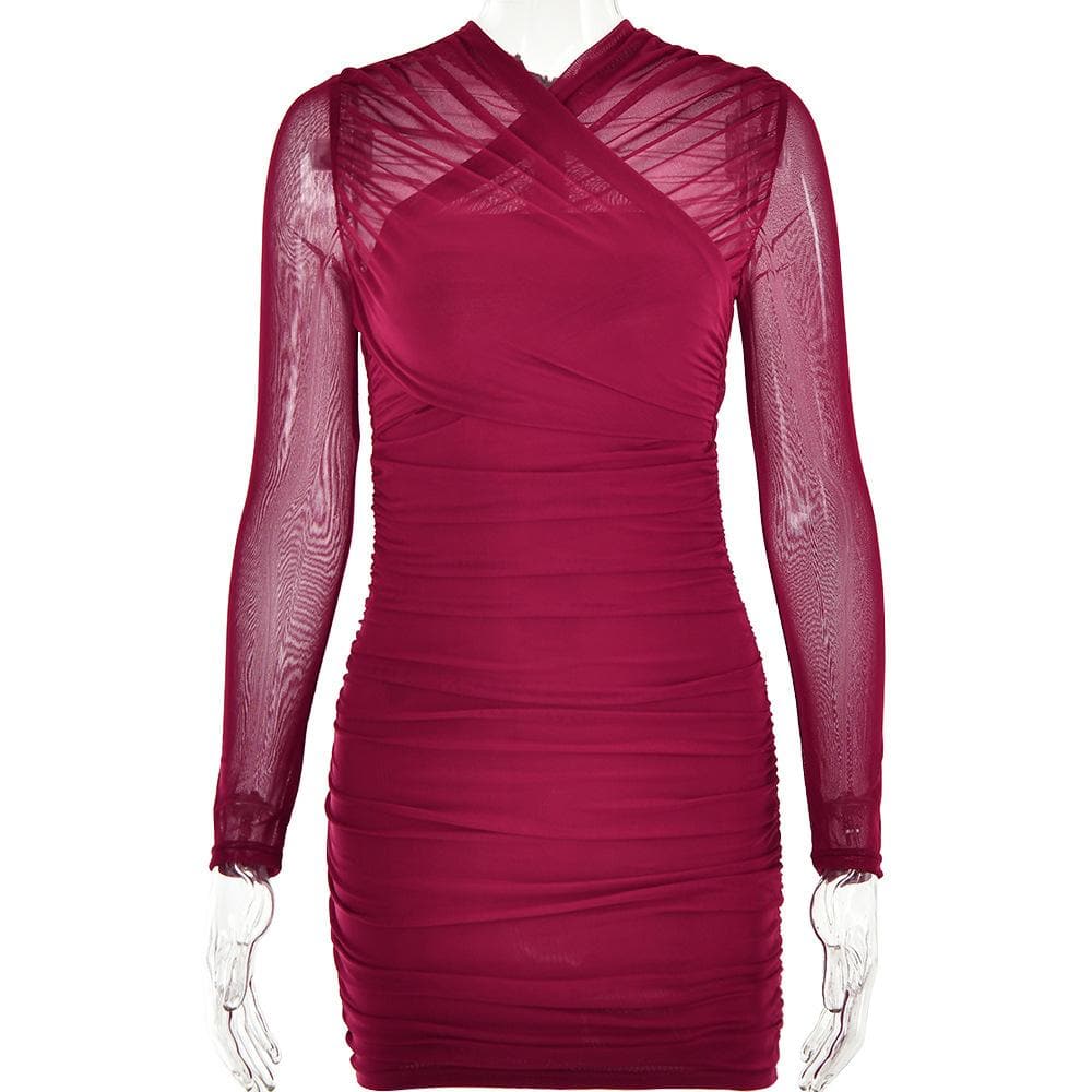 Cross Front Mesh Ruched Long Sleeve Mini Dress - View 3