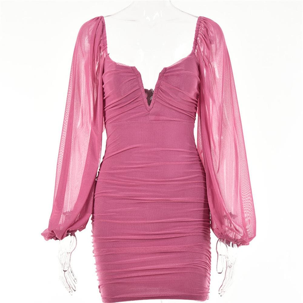Mesh solid long sleeve ruched notch neck zip-up mini dress - View 3