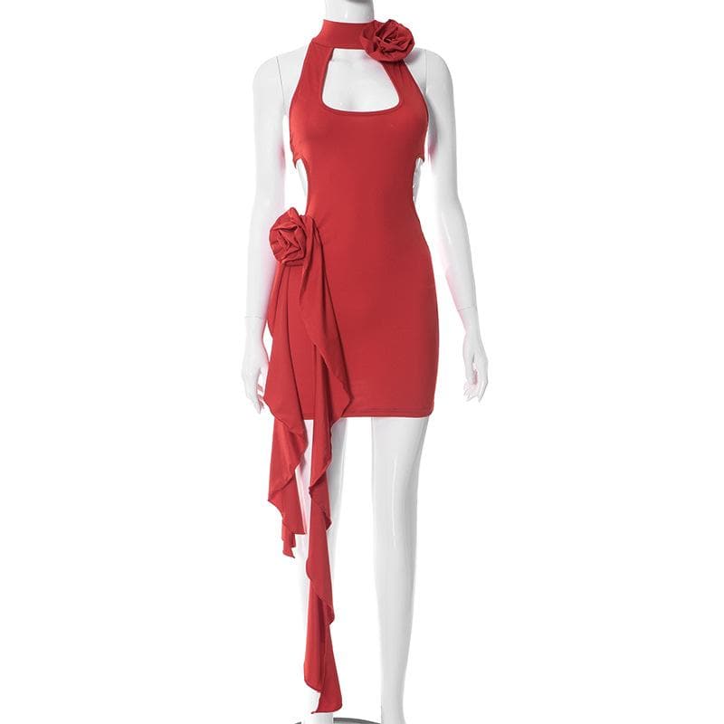 Halter Neck Cut Out 3D Rosette Ruffle Bodycon Mini Dress - View 8