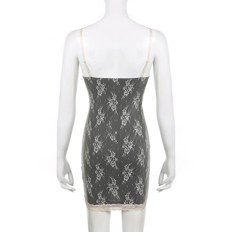 Lace contrast lace up v neck backless 2 piece cami dress - View 5