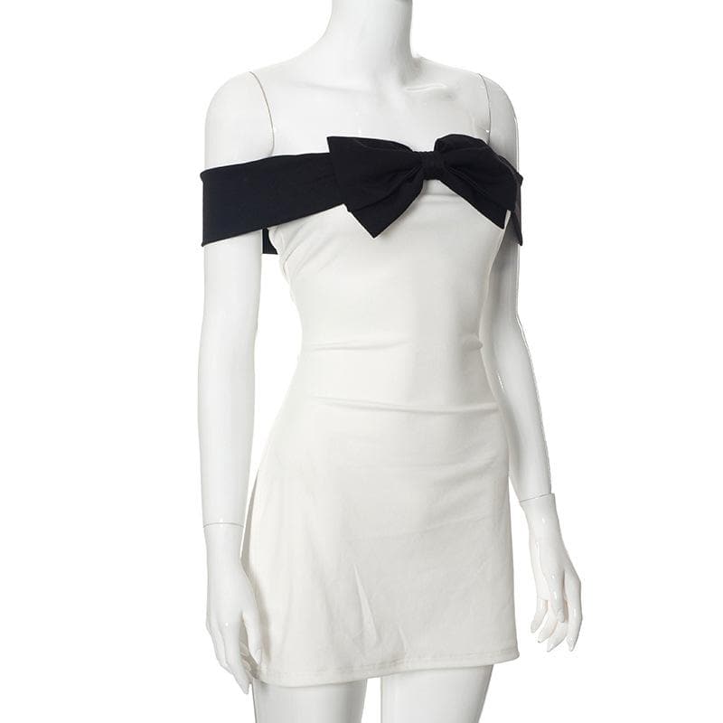 Bowknot applique contrast off shoulder backless mini dress - View 3