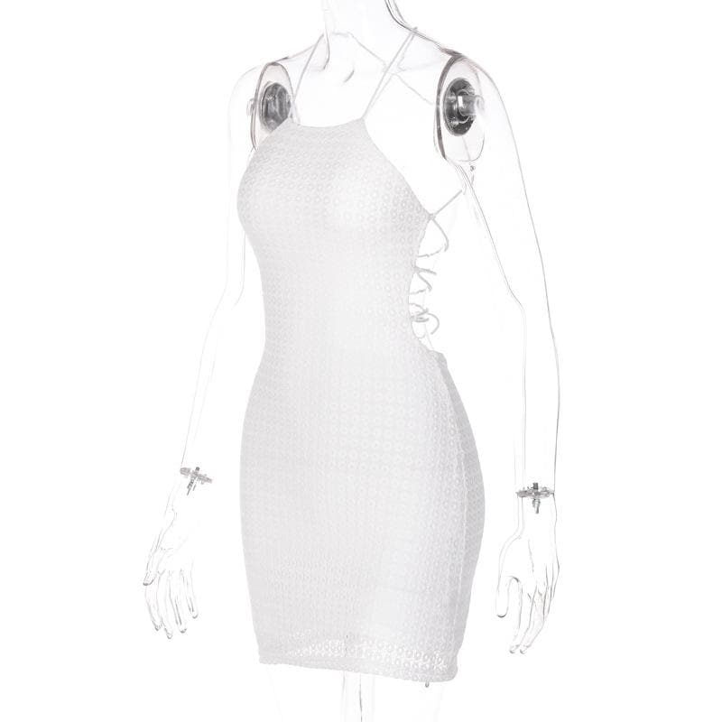 Textured cross back lace up solid backless mini dress - View 3