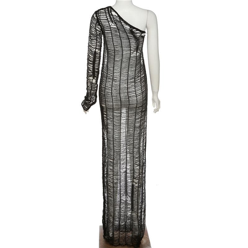 Knitted see through one shoulder long sleeve solid crochet maxi dress - View 3