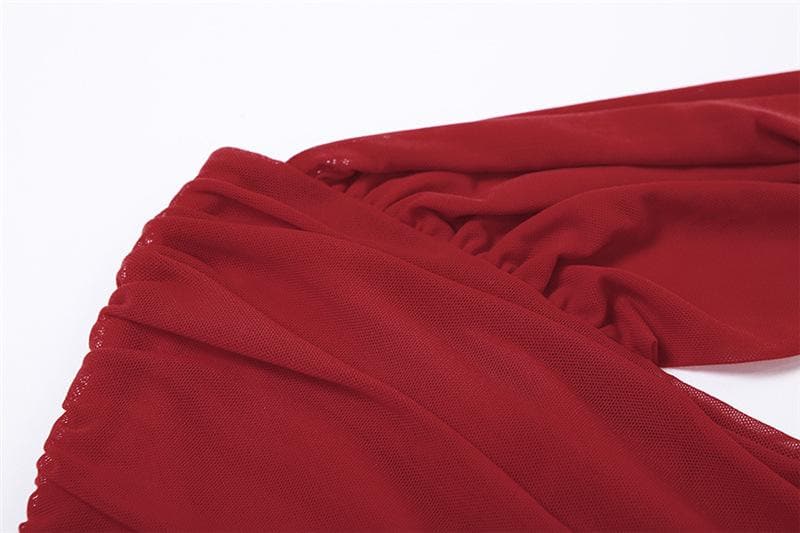 Mesh gloves ruched halter solid slit backless maxi dress - View 6